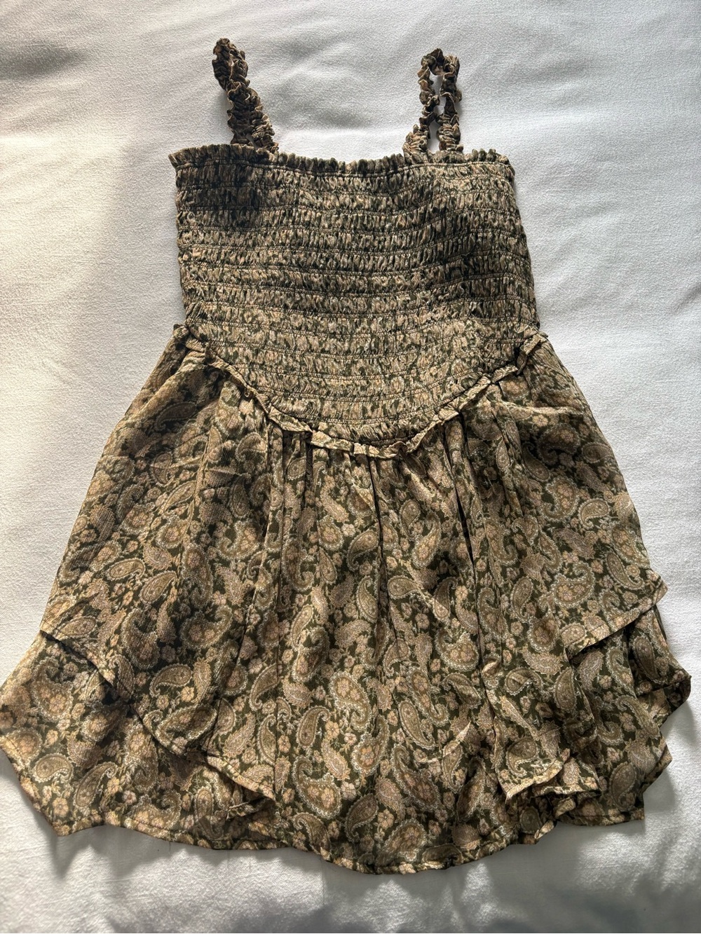 American Eagle Outfitters Olive Ruffled Smocked Sundress
